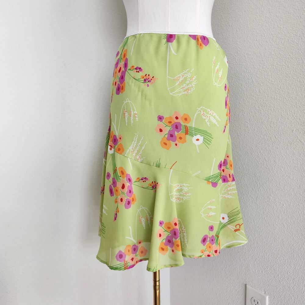 Vintage Y2K Lime Green Floral Bias Cut Midi Skirt Fairycore Spring Ilyse L XL